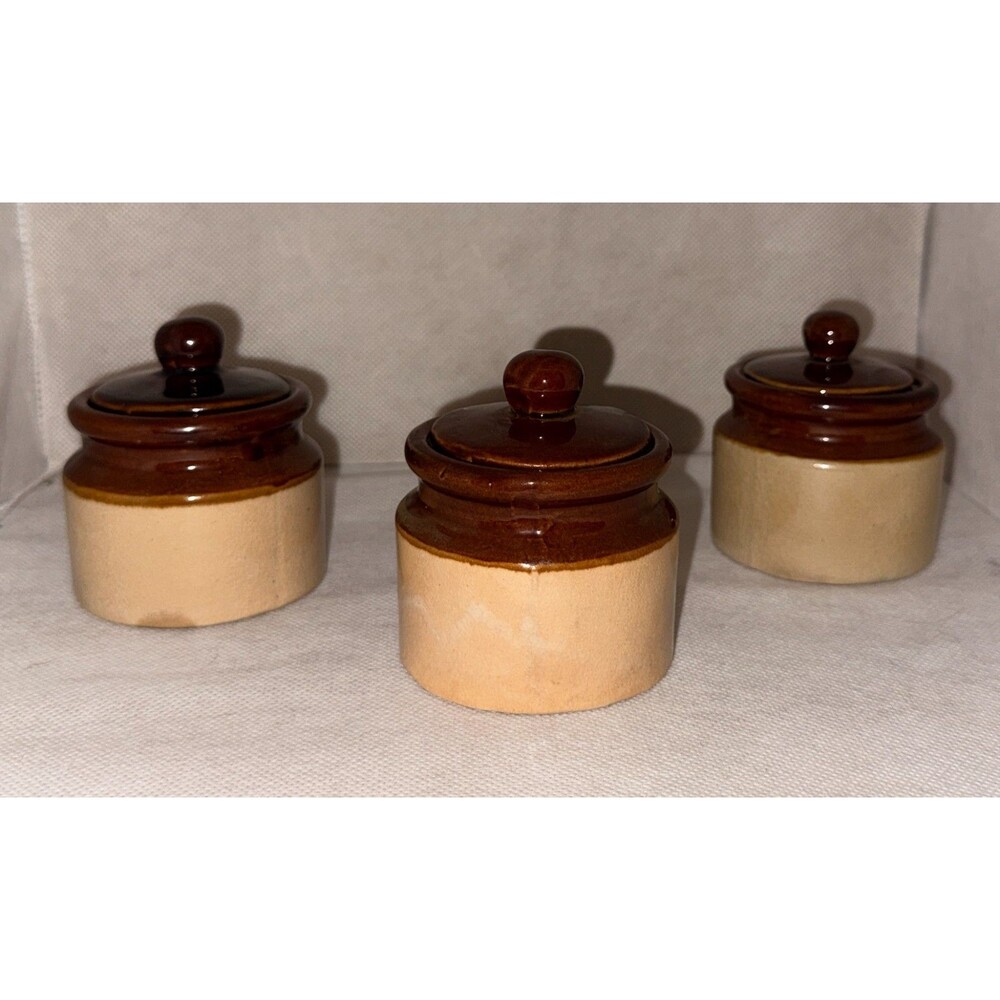 VTG SET OF 3 Brown Drip Glaze & Tan Crock Stoneware Pottery Jar With Lid 3" MINT